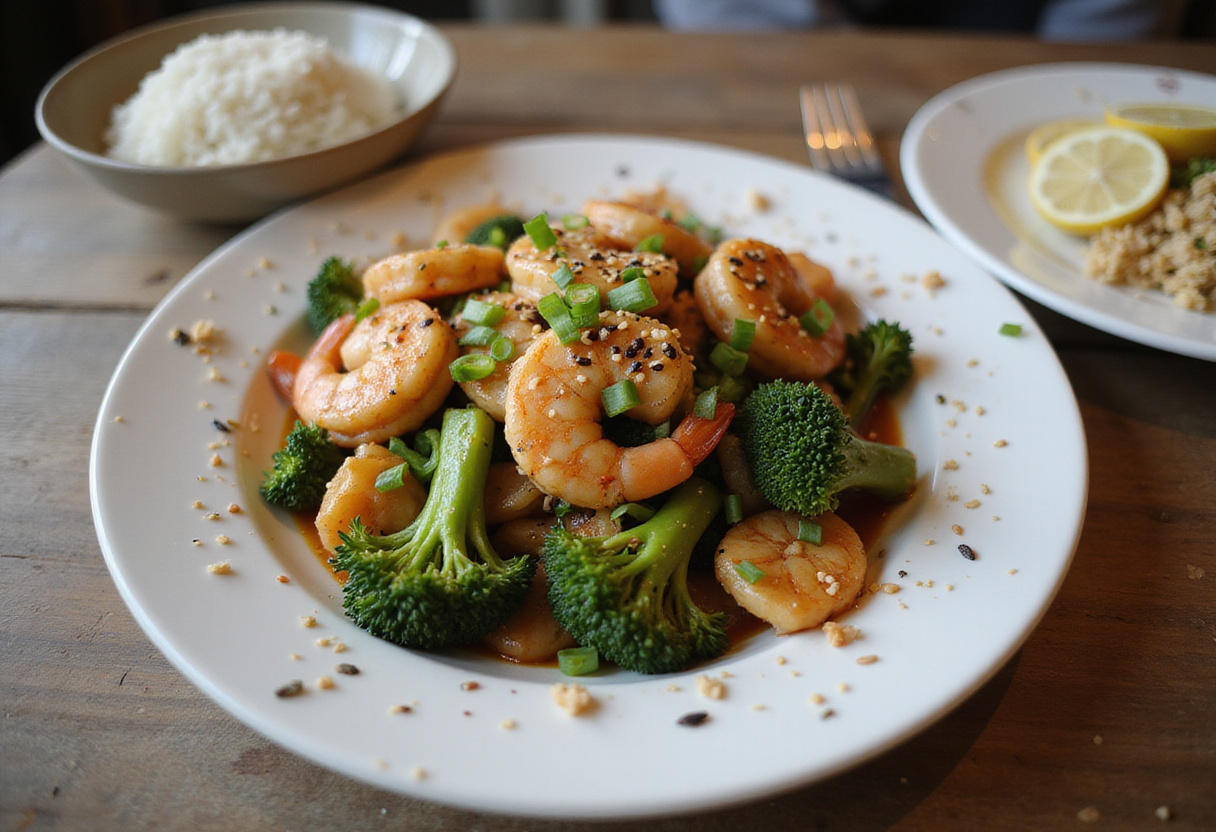 Une assiette colorée de sauté de crevettes et brocolis servie avec du riz, prête pour un repas sain et rapide.