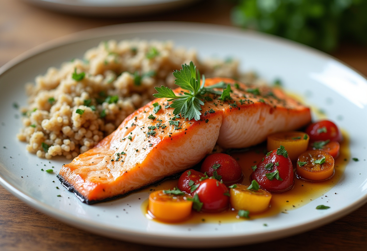 Plat de saumon au four avec légumes rôtis, parfait pour un repas rapide et santé.