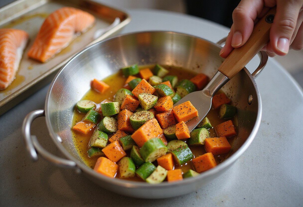 Légumes rôtis mélangés avec de l'huile d'olive pour le plat santé de saumon et légumes.
