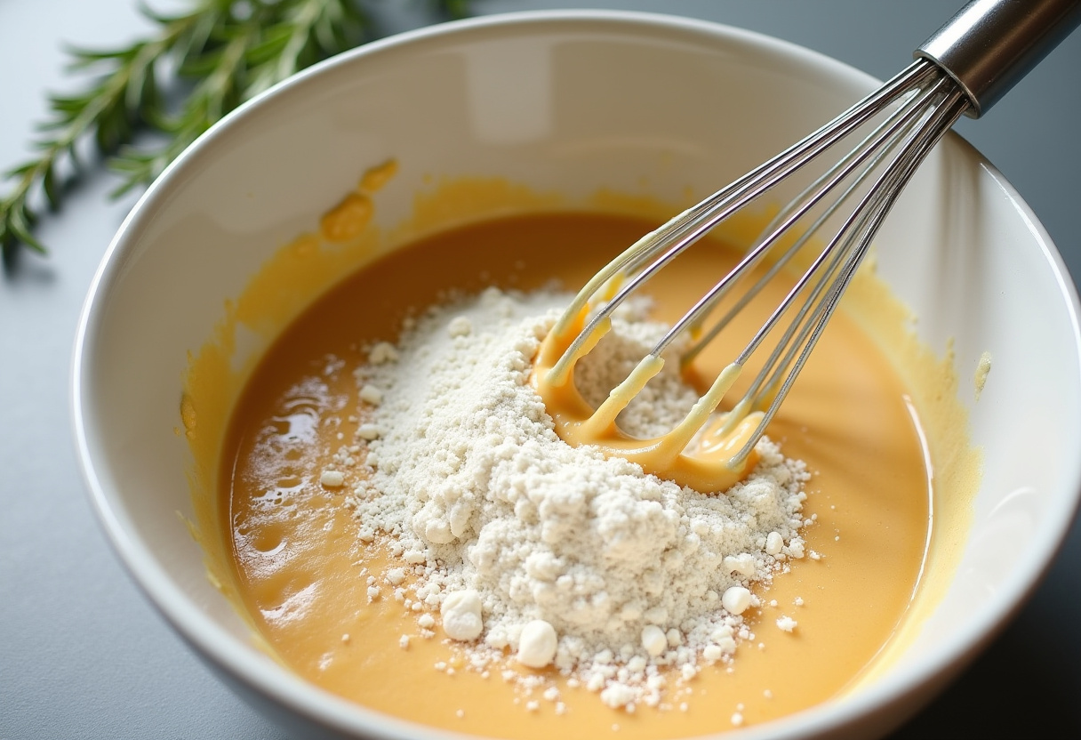 Préparation de la pâte pour la socca niçoise avec de la farine de pois chiches, essentielle pour cette galette de pois chiches.