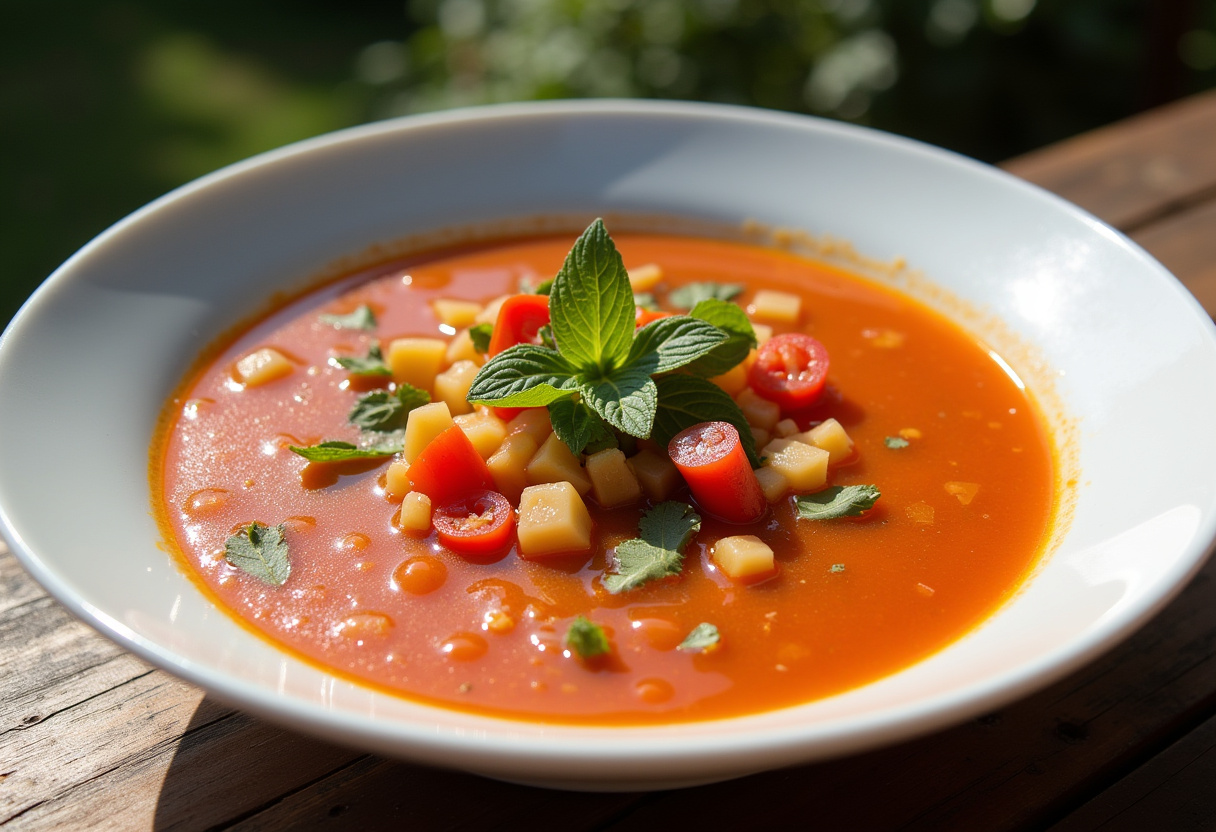 Finished bowl of cold gaspacho de tomate, perfect for enjoying during summer picnics.