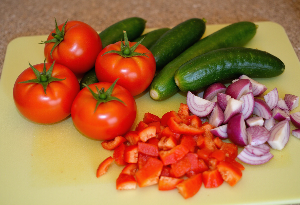 Fresh vegetables prepared for making gaspacho de tomate, a refreshing summer soup.