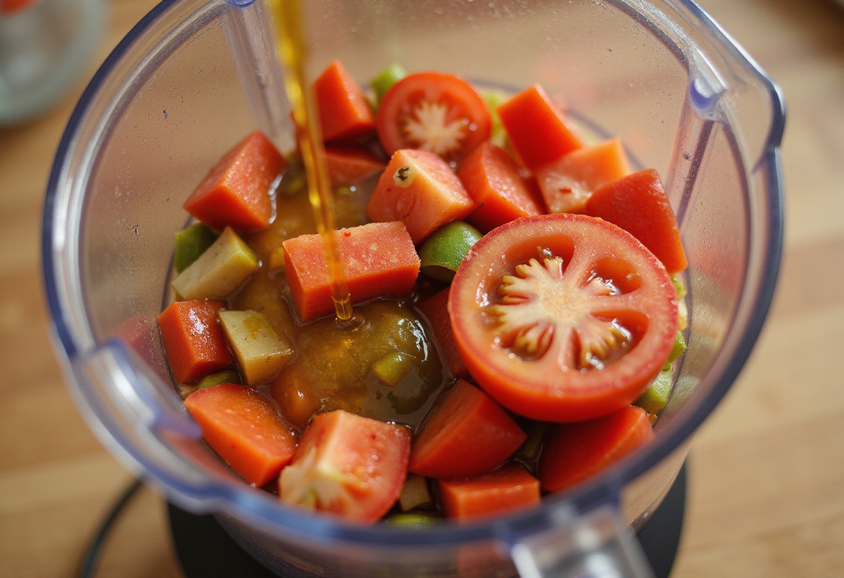 Ingredients being blended together for a delicious gaspacho de tomate recipe, perfect for summer.