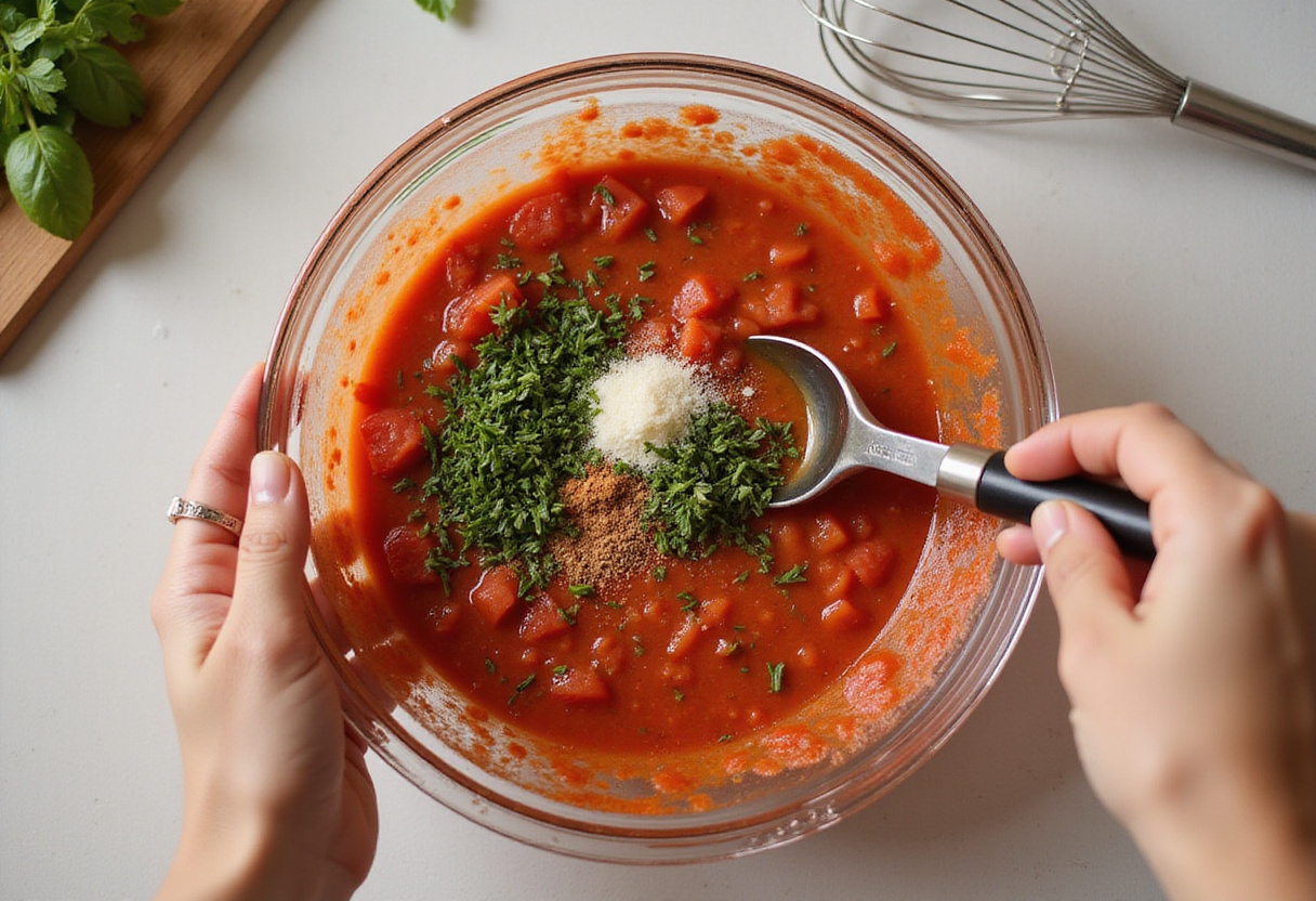 Seasonings being incorporated into the gaspacho de tomate for a flavorful summer soup.