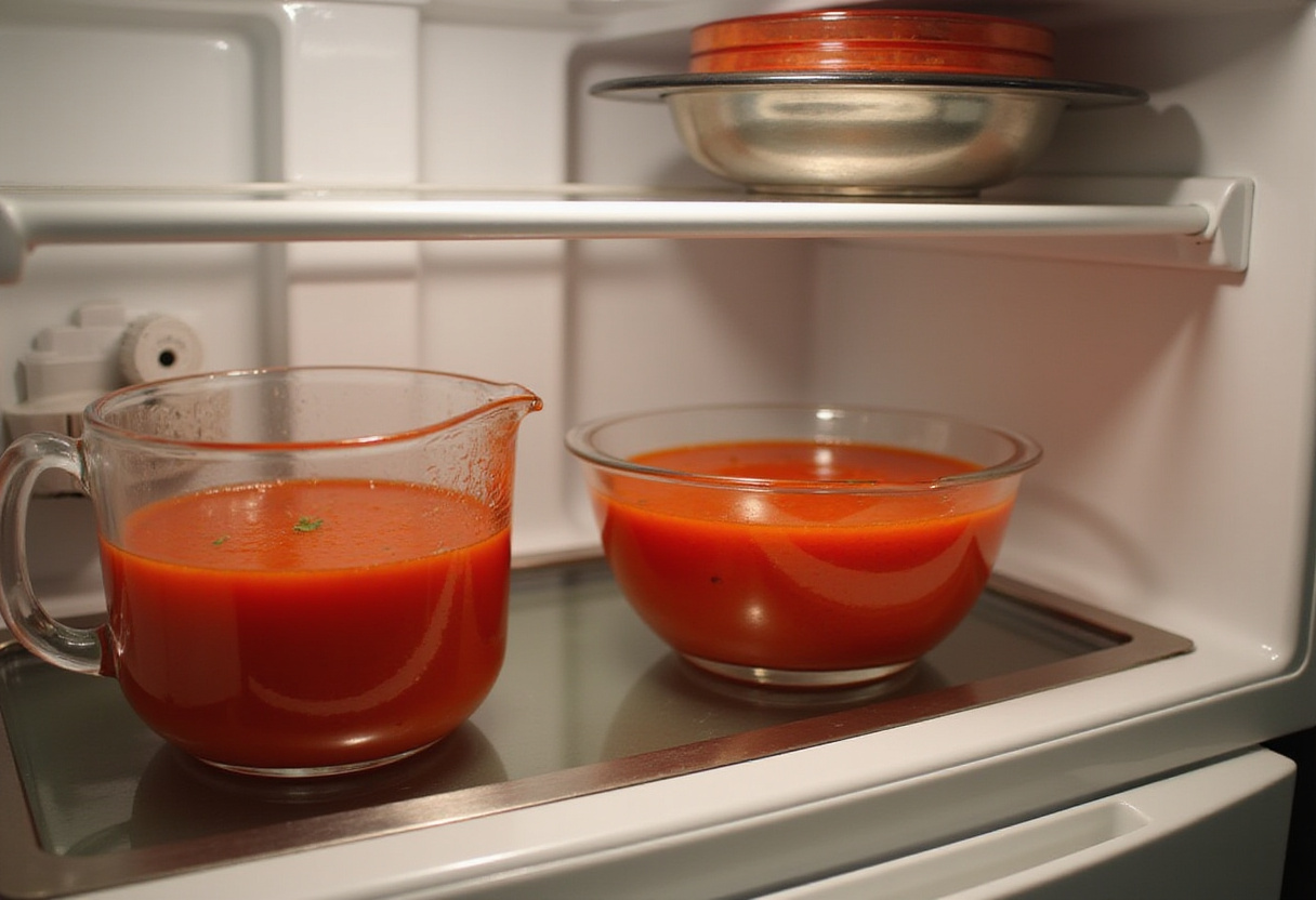 Chilling gaspacho de tomate in a pitcher for a refreshing summer dish.