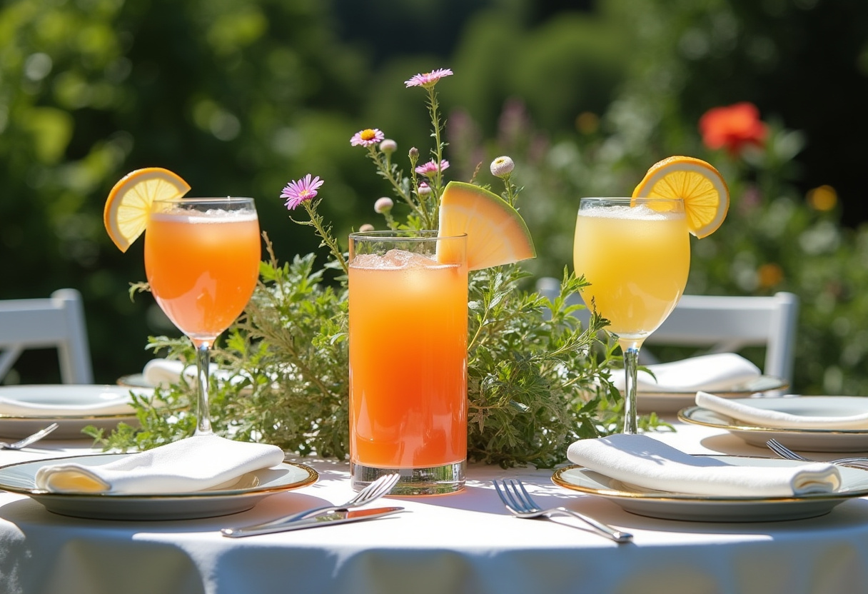 Table décorative présentant des cocktails spritz au melon et au romarin, parfaits pour les rassemblements estivaux.
