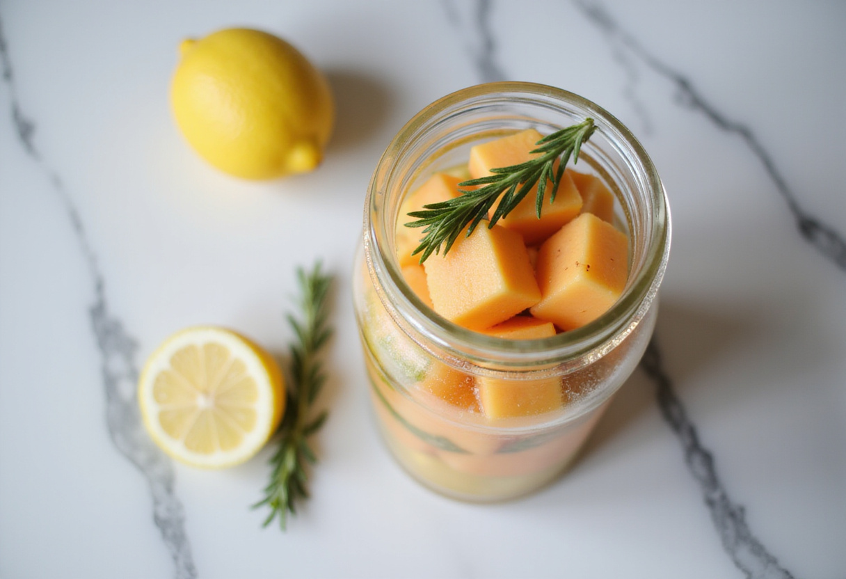 Melon frais et romarin dans un shaker à cocktail pour un cocktail spritz rafraîchissant.