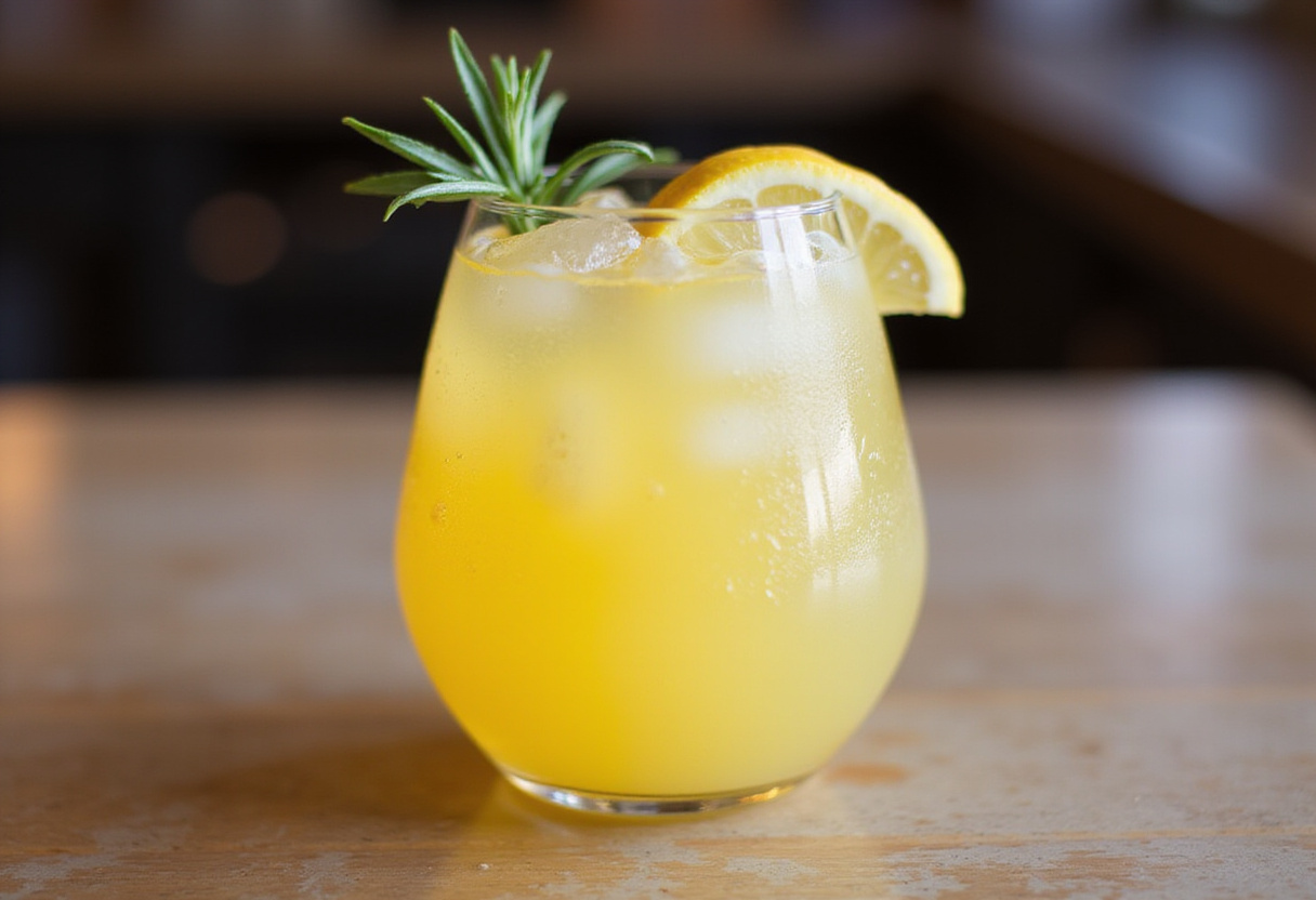 Cocktail spritz garni, prêt à être dégusté avec des accents de citron et de romarin.