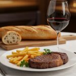 Delicious steak frites served with wine and bread, epitomizing traditional French bistro cuisine.