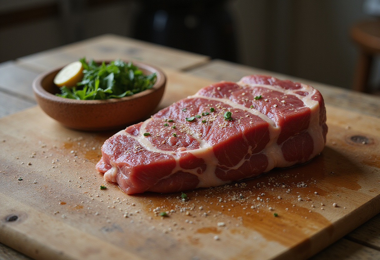 Steak seasoned with herbs and garlic for preparing steak frites à la française, a traditional French bistro dish.