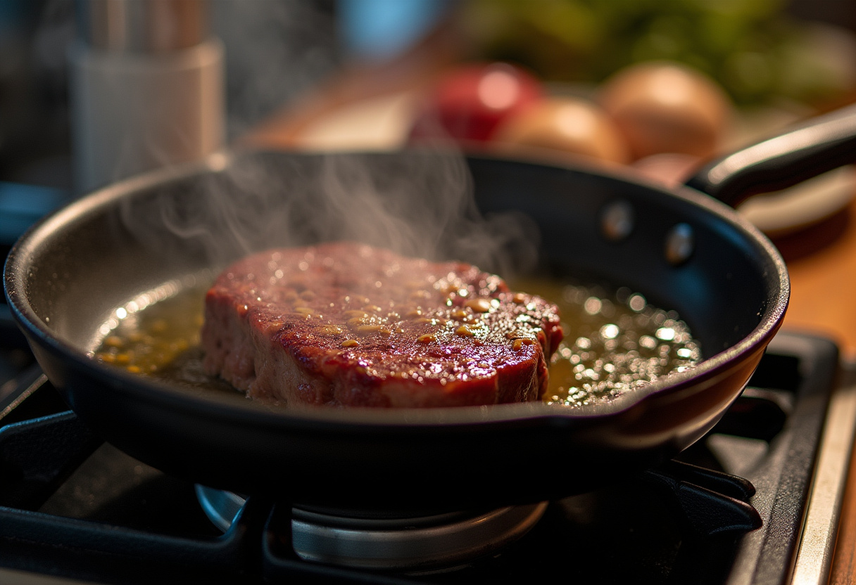 Steak being seared in a skillet for steak frites, a classic French recipe.