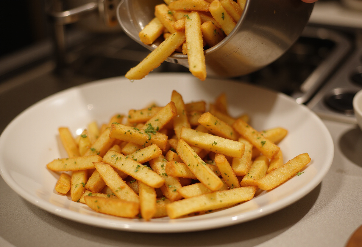 Crispy French fries prepared for serving alongside steak in the steak frites à la française recipe.