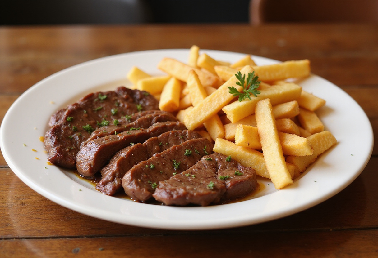 Sliced steak next to crispy fries, ready to serve as a bistro-style steak frites dish.