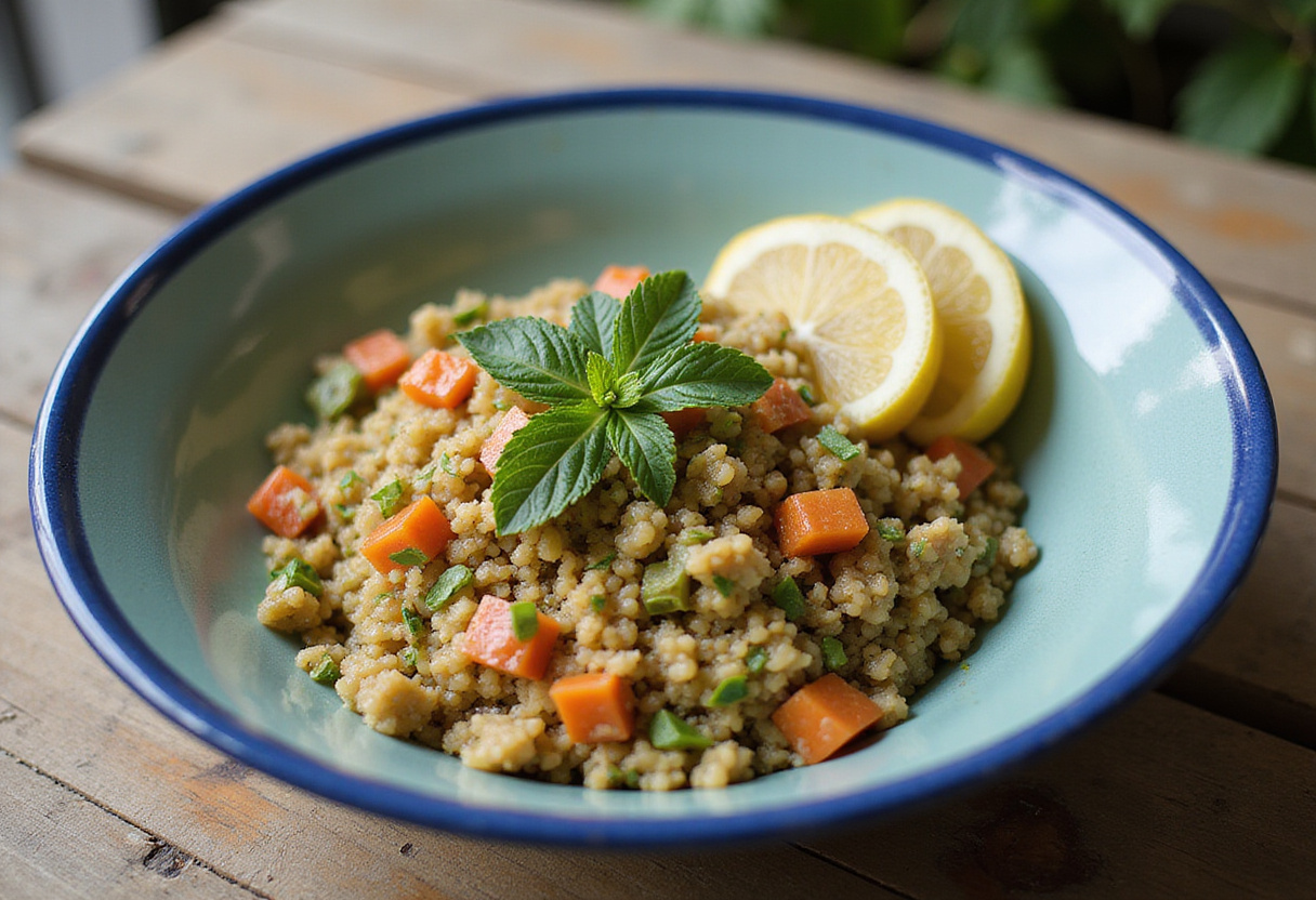 Completed taboulé à la menthe with garnishes, ideal for Mediterranean summer meals.