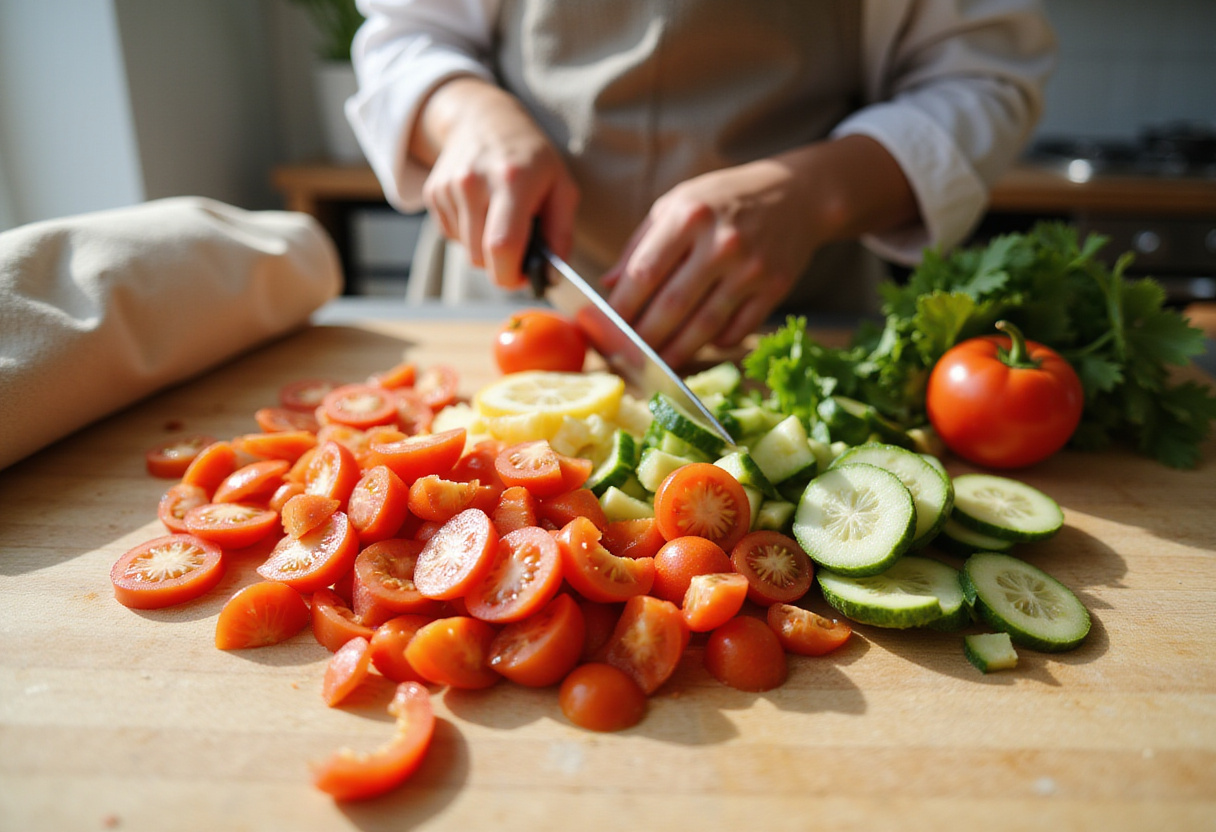 Diced fresh vegetables for preparing taboulé à la menthe summer salad.