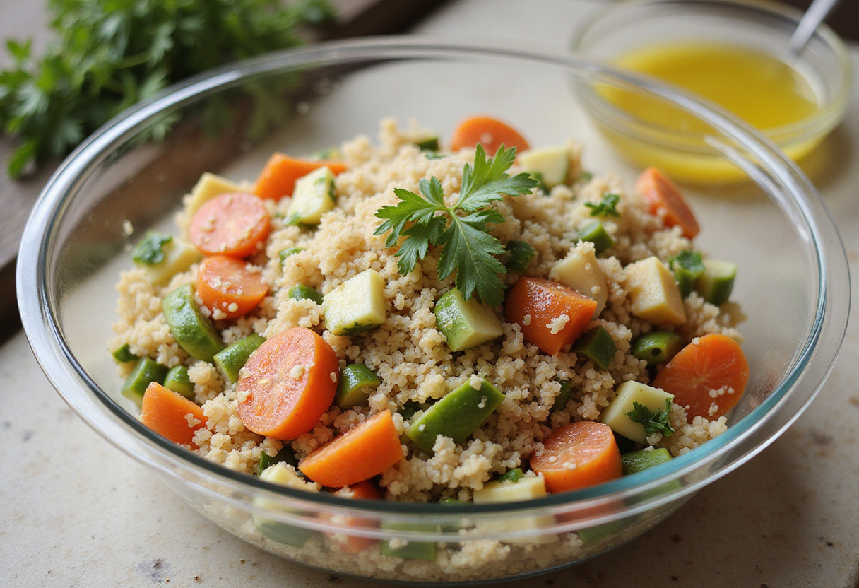 Mixing bulgur wheat with fresh vegetables and herbs for taboulé à la menthe salad.