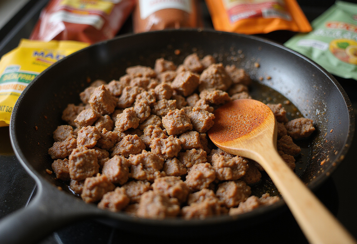 Sizzling ground beef in a skillet for tacos viande hachée recipe.