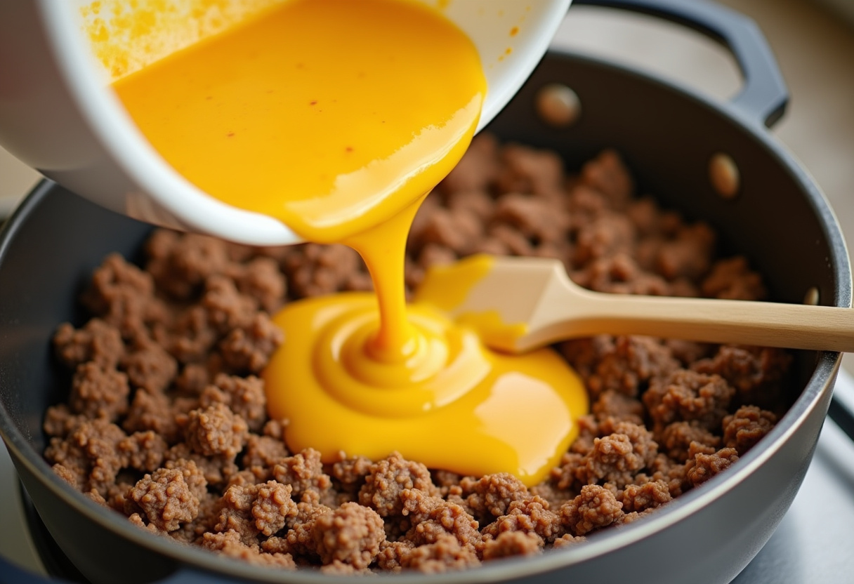 Pouring sauce fromagère over seasoned ground beef for tacos au fromage.
