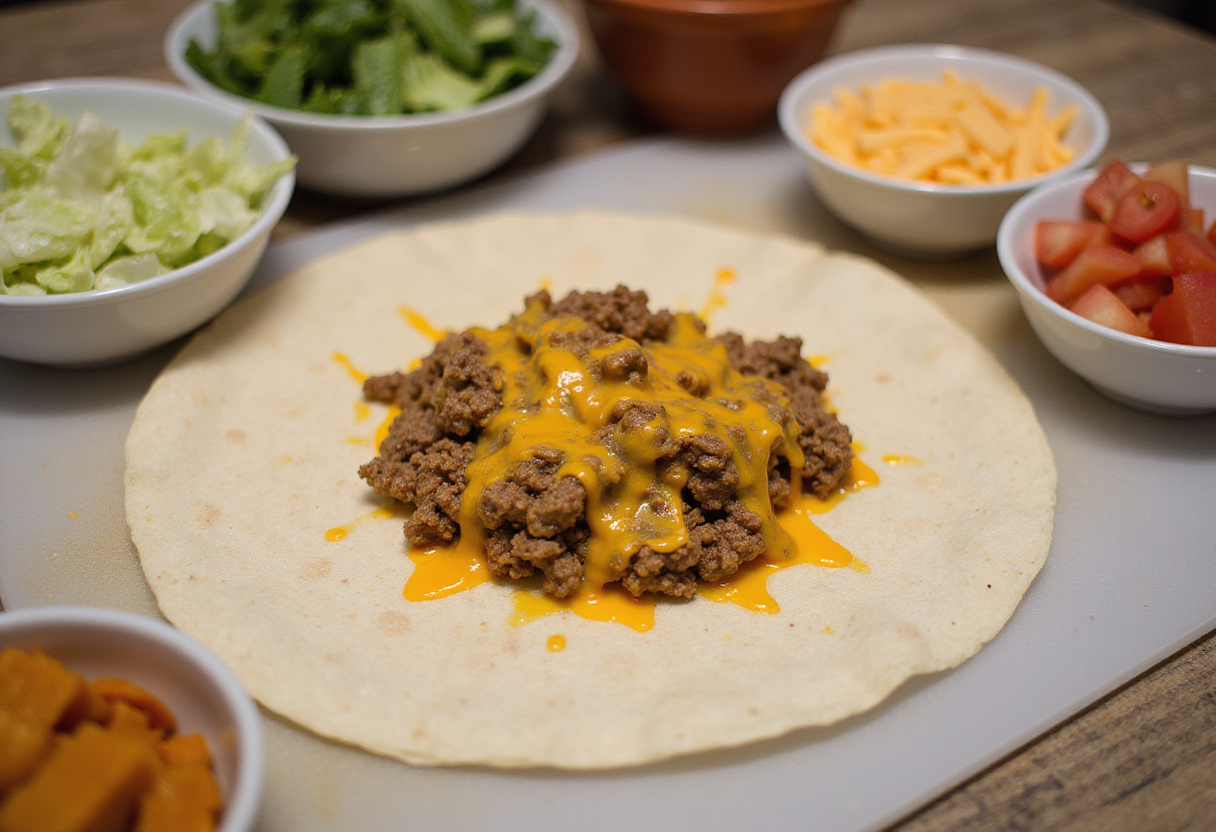 Filling a tortilla with beef and sauce fromagère for easy tacos recette de tacos.