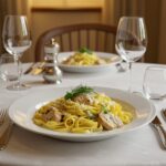 Finished tagliatelles crémeuses with chicken and cheese, perfect for a comforting meal.