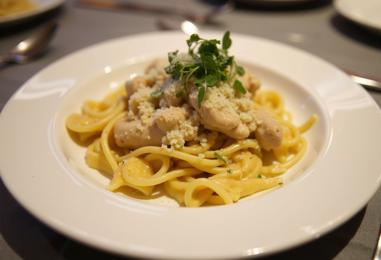 Tagliatelles crémeuses au poulet et fromage, un plat réconfortant parfait.