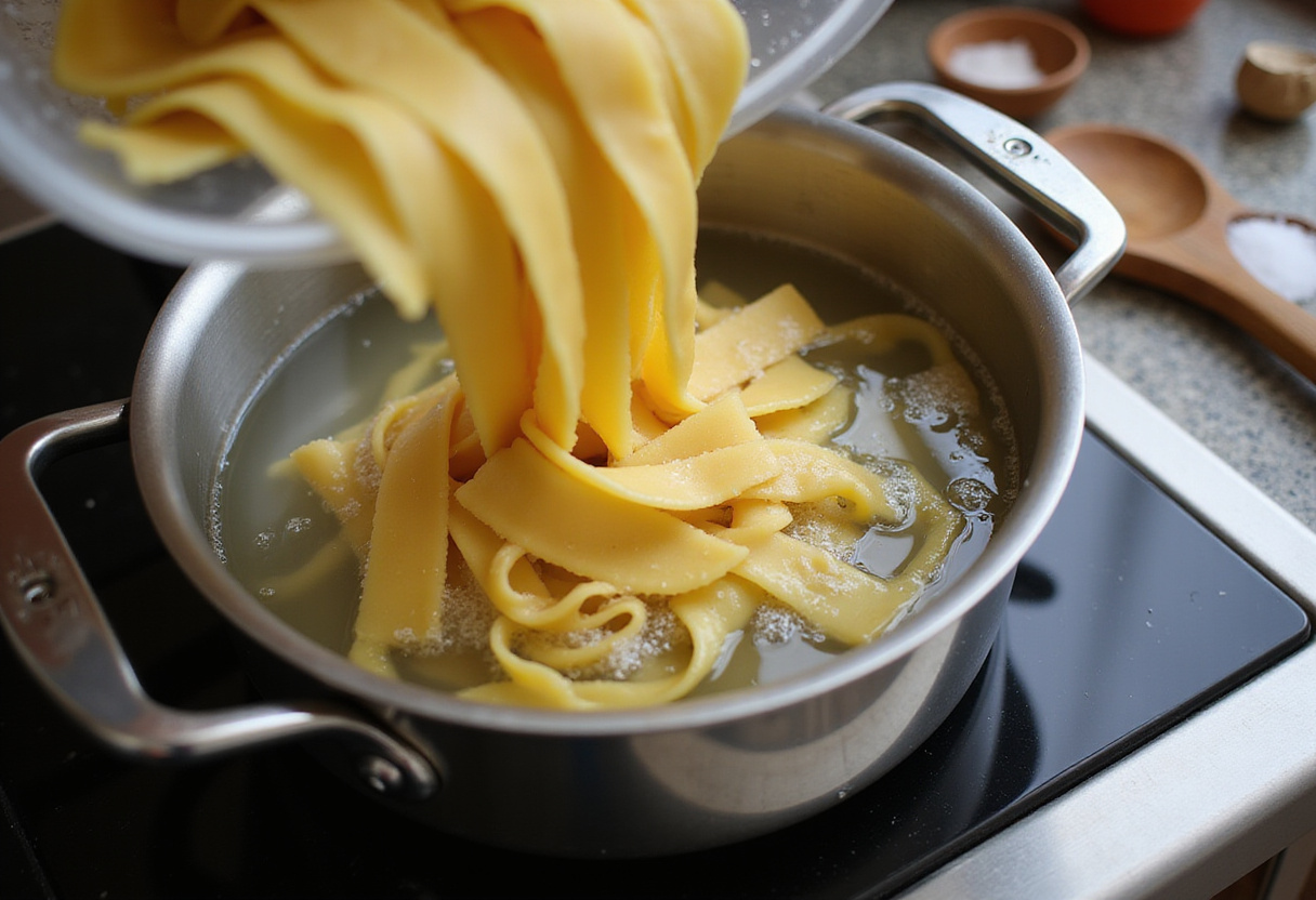 Ajout de tagliatelles fraîches à l'eau bouillante pour préparer les tagliatelles crémeuses.