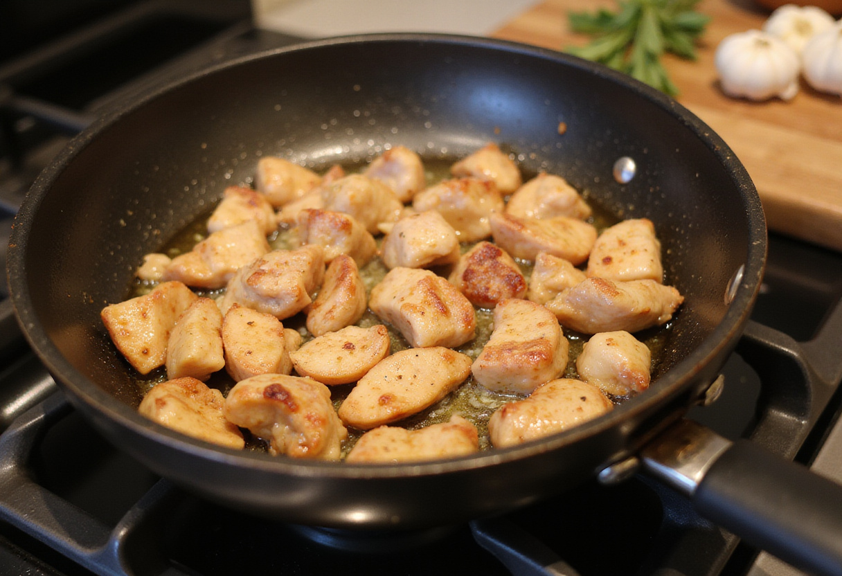 Poulet coupé en dés sauté dans une poêle pour les tagliatelles crémeuses au poulet et fromage.