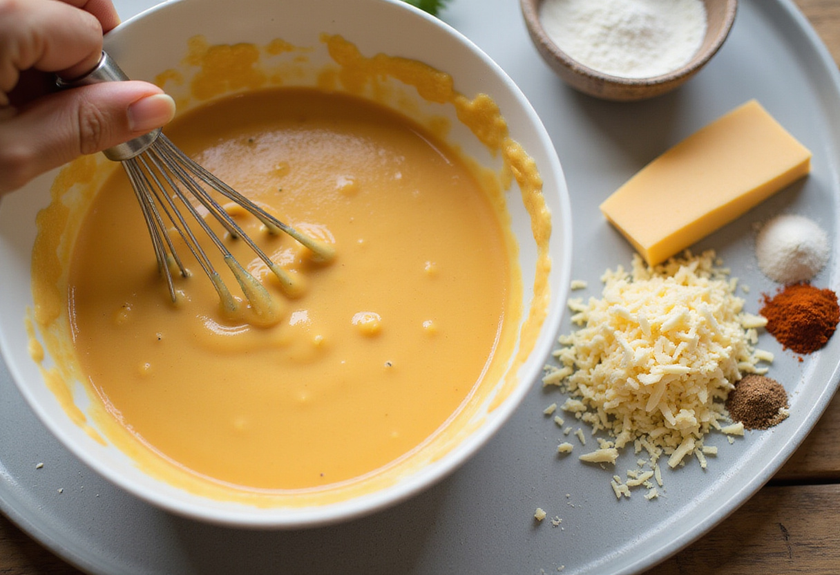 Sauce crémeuse au fromage préparée pour la recette de tagliatelles crémeuses au poulet et fromage.