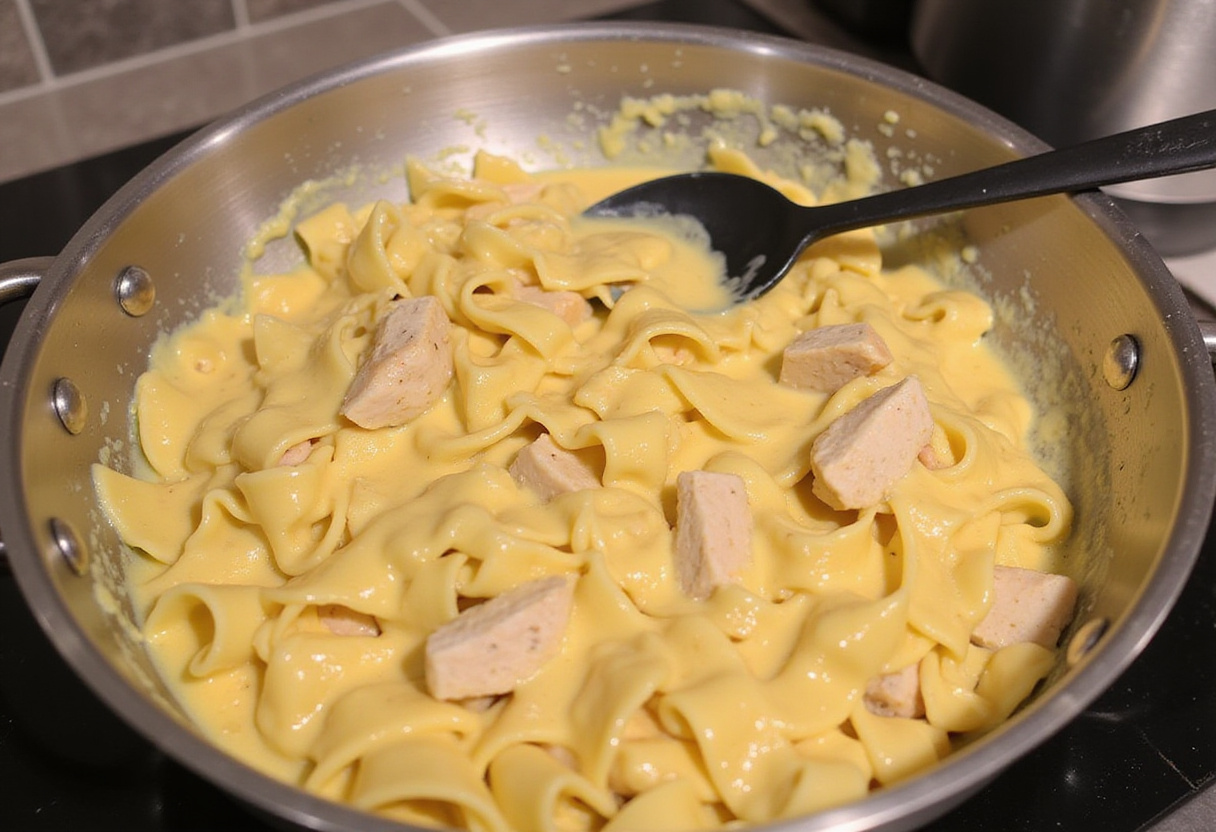 Combinaison des tagliatelles cuites avec le poulet et la sauce crémeuse au fromage pour un plat délicieux.