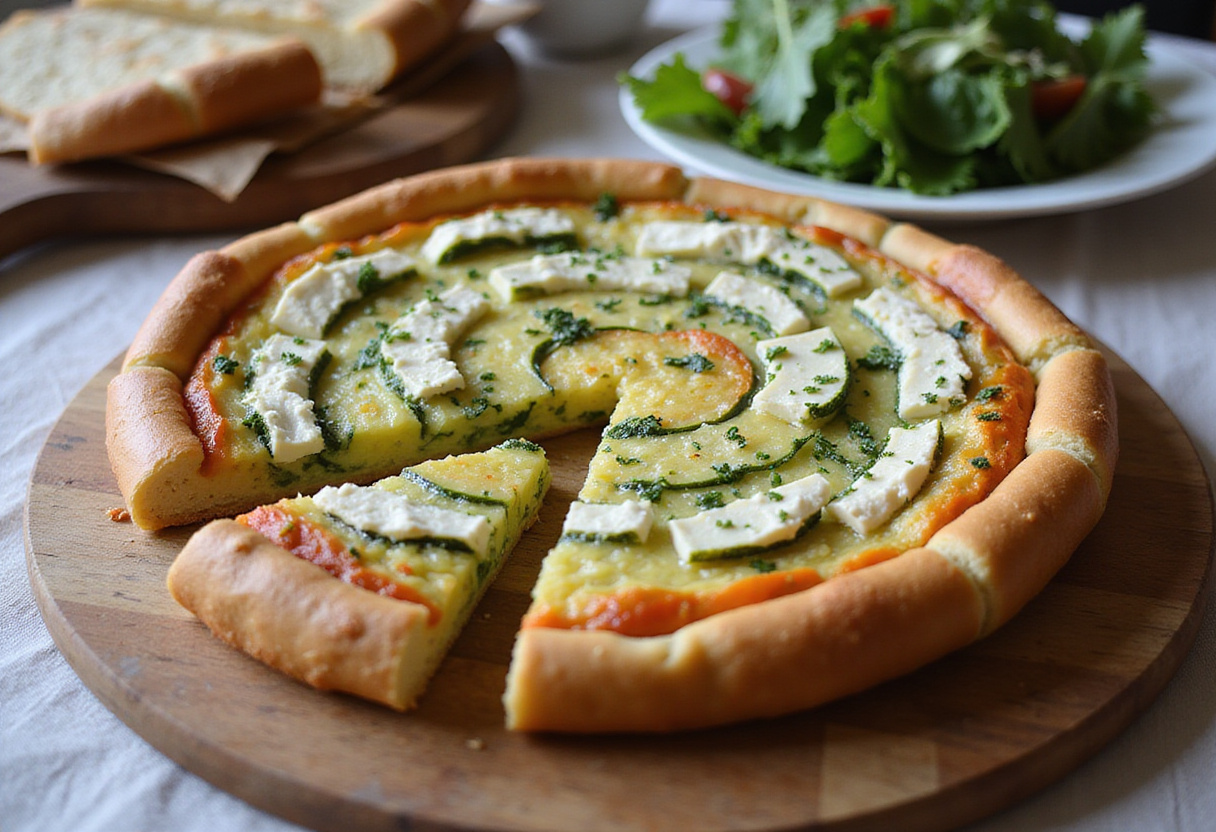 Tarte courgette feta terminée, parfaitement cuite et décorée, prête à être dégustée.