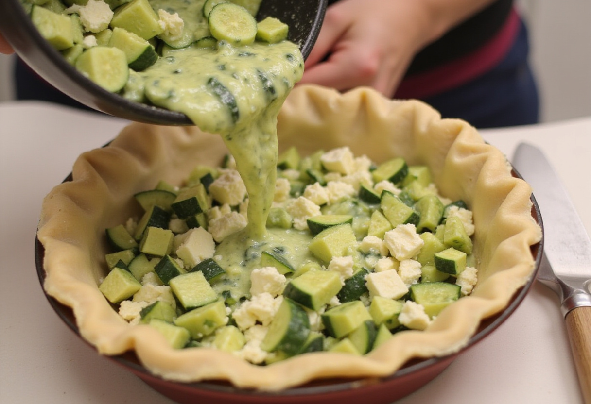 Mélange de courgettes et de feta versé dans la pâte pour la préparation de la tarte courgette feta.