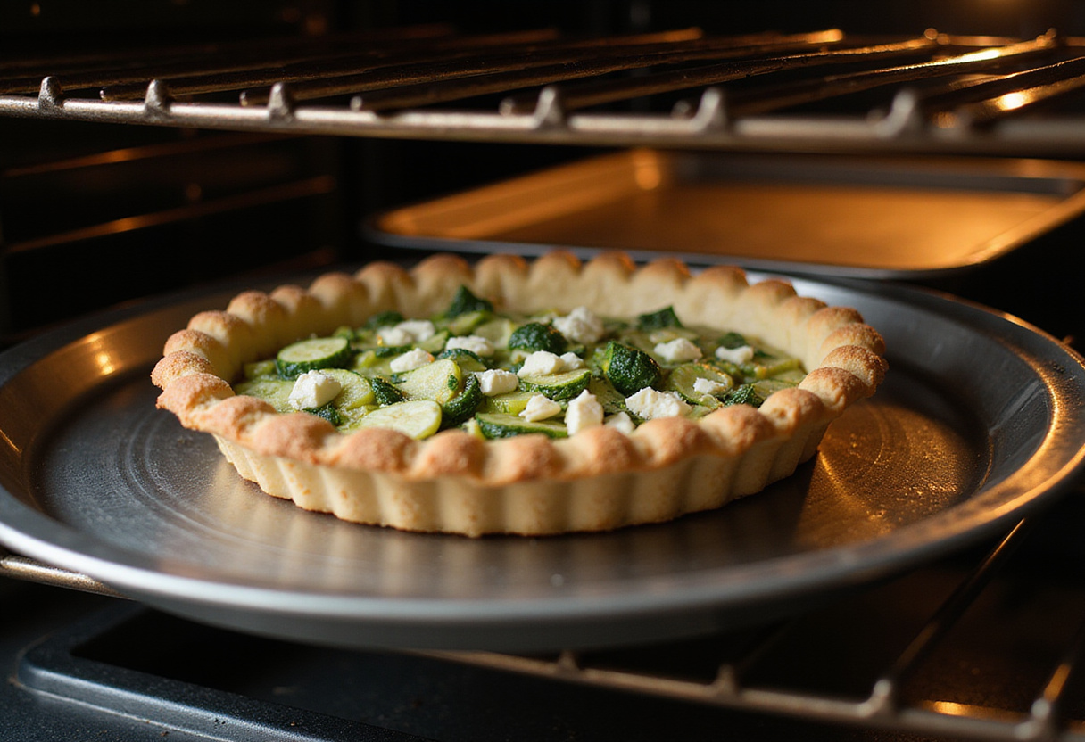Tarte courgette feta en cours de cuisson au four.