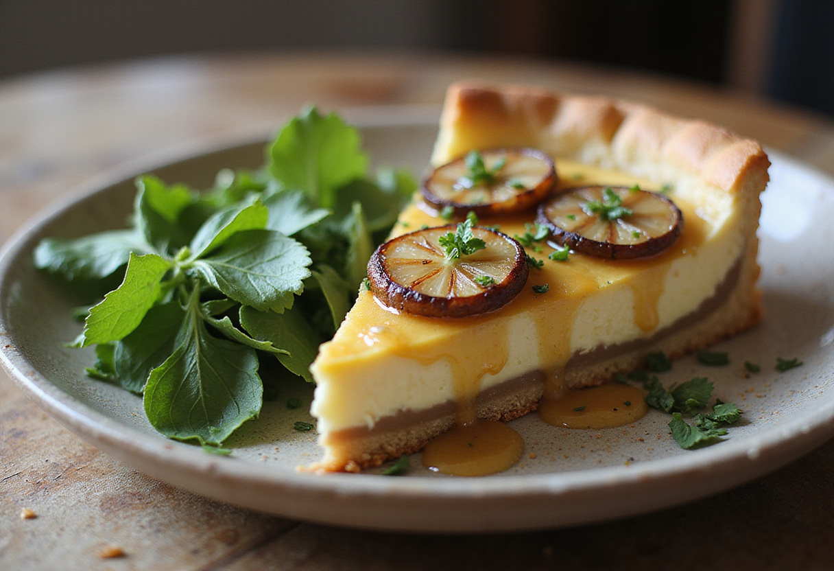 Finished tarte oignons chèvre miel served elegantly, highlighting the sweet and savory flavors for a delightful meal.