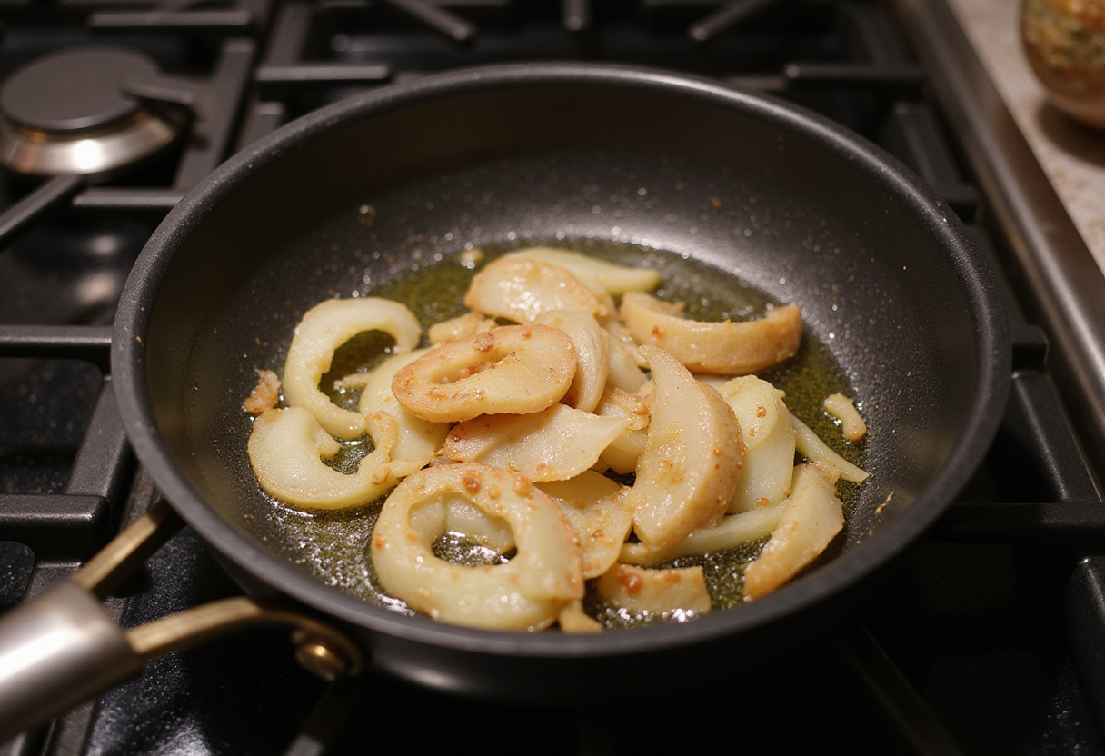 Caramelizing onions in a pan for tarte oignons chèvre miel, enhancing the sweet-salty flavor profile.