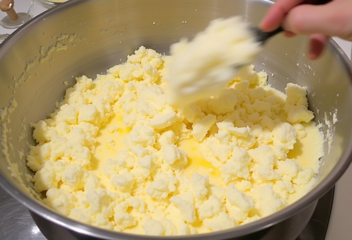 Goat cheese and honey mixture being prepared for the tarte au fromage.