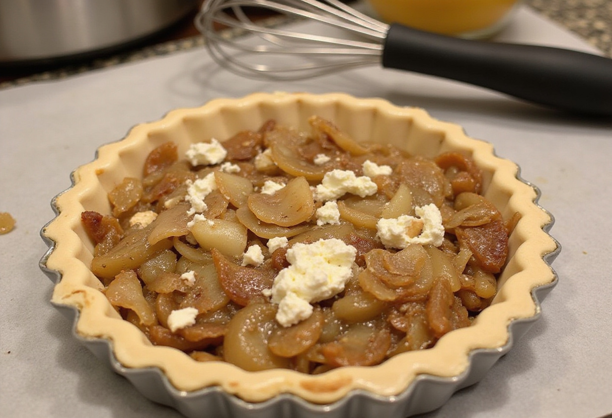 Tart shell filled with onions and goat cheese, ready for baking in the tarte sucrée salée preparation.