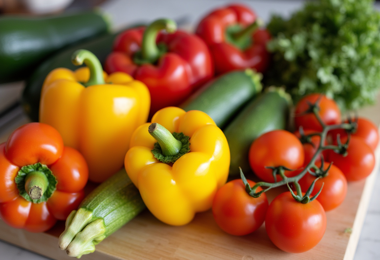Vegetables de saison préparées pour une recette de tarte aux légumes colorée.