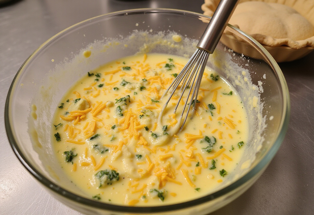 Mélange crémeux d'œufs et de fromage pour préparation de tarte salée aux légumes.