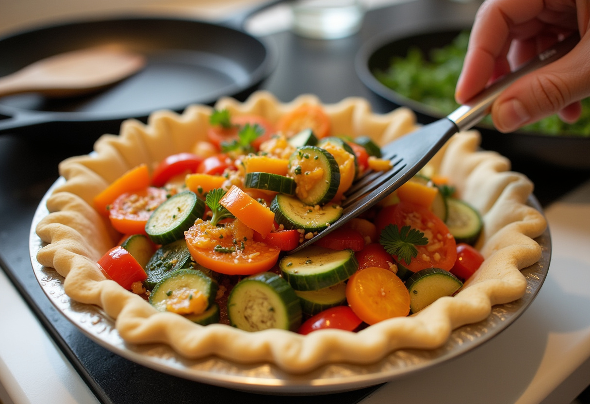 Légumes colorés ajoutés à la tarte pendant la recette végétarienne de tarte aux légumes.