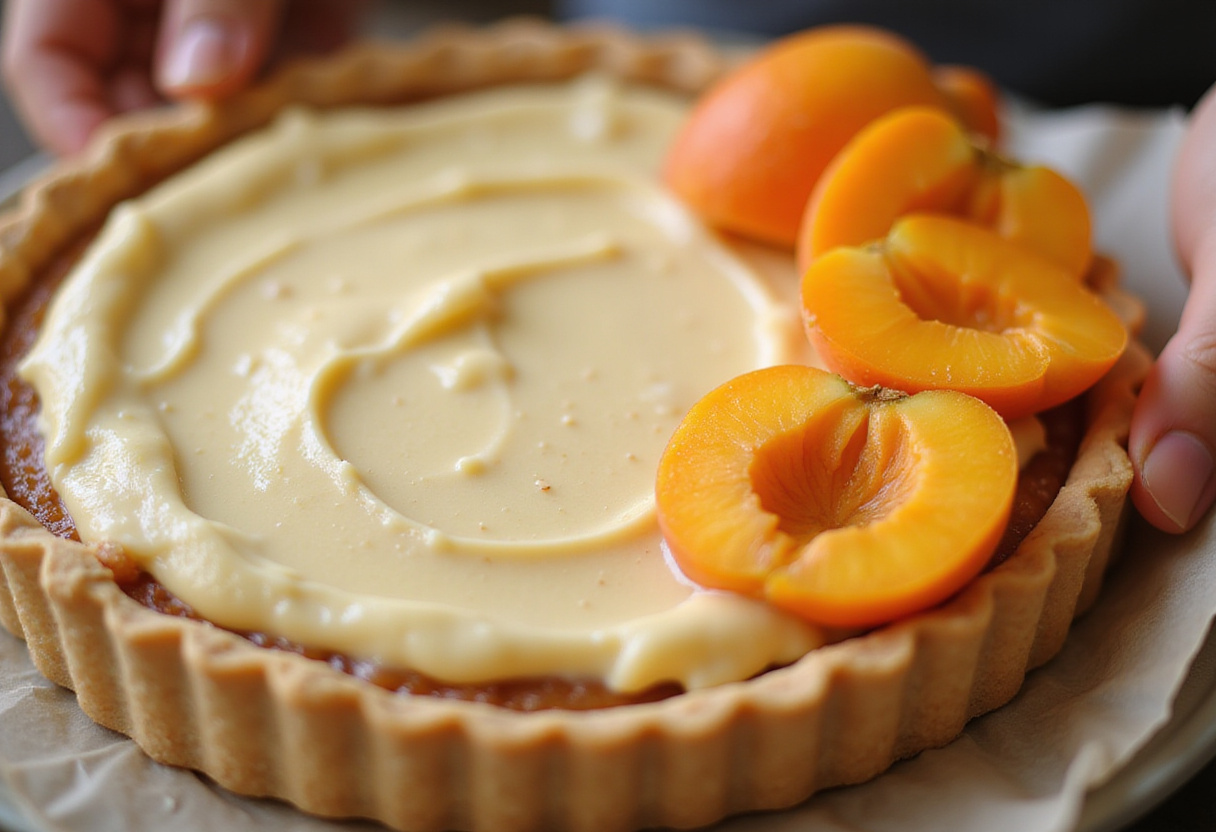Preparation of a tarte aux abricots with almond cream filling ready for summer dessert.