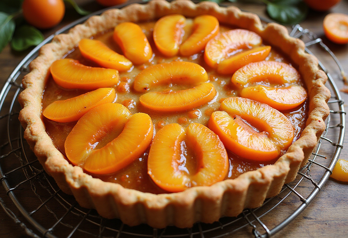 Freshly baked tarte aux abricots cooling on a rack, perfect for summer gatherings.