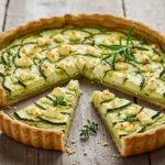 Deliciously baked tarte courgette feta served on a wooden table, ideal for a quick healthy meal.