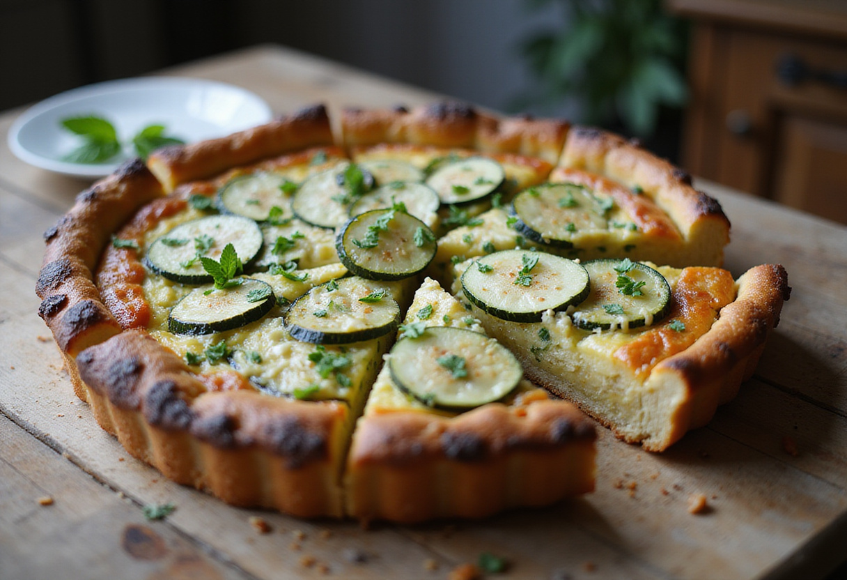 Deliciously baked tarte courgette feta served on a wooden table, ideal for a quick healthy meal.