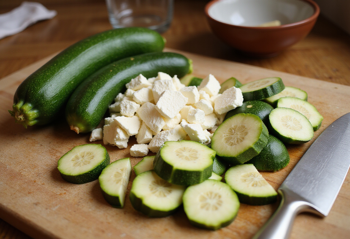 Fresh ingredients for the tarte courgette feta, including zucchini and feta cheese on a cutting board.