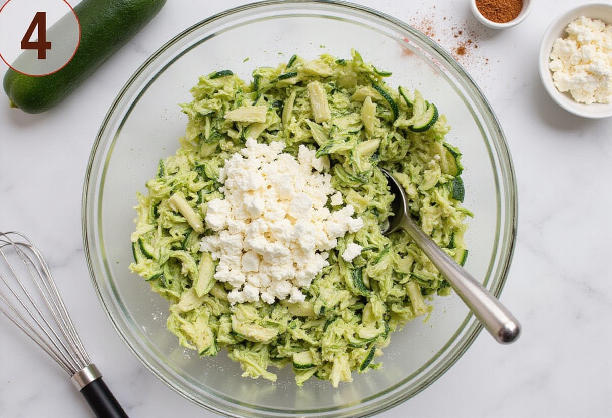 Combining shredded zucchini and feta cheese for a healthy tarte courgette feta recipe.