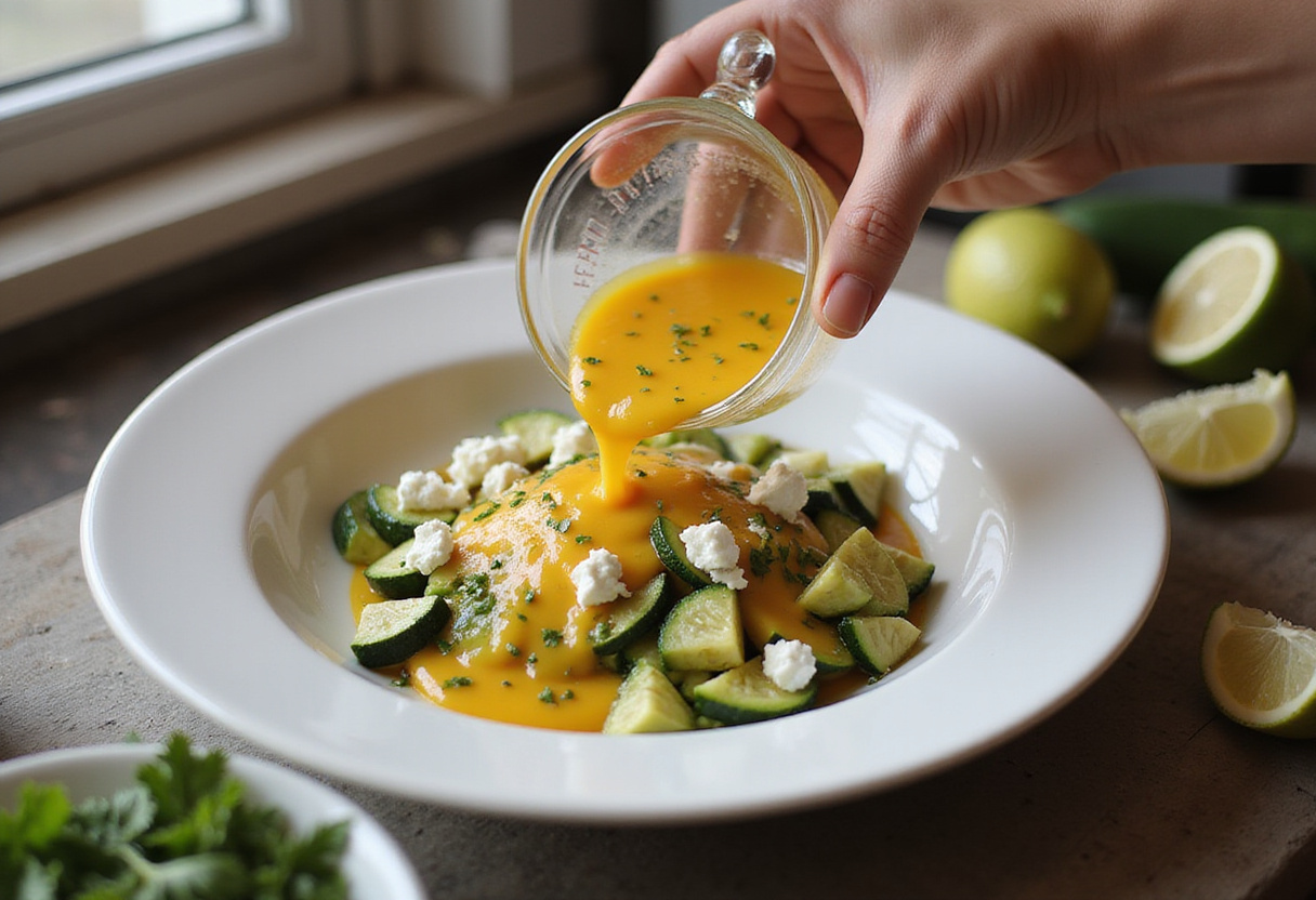 Adding egg mixture to zucchini and feta for the quick no-crust tarte courgette feta.