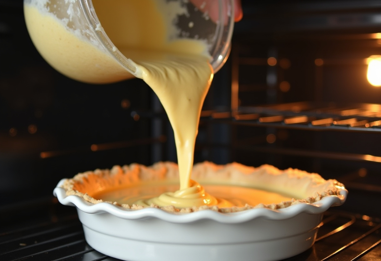 Pouring the zucchini and feta mixture into a pie dish for baking a healthy tarte courgette feta.