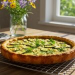 Finished tarte courgette feta without crust served on a summer table.