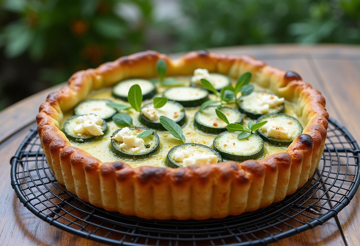 Finished tarte courgette feta without crust served on a summer table.
