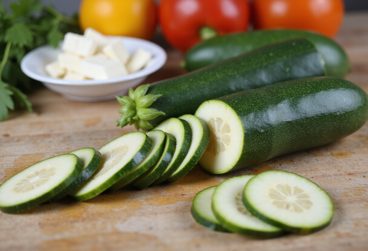 Sliced zucchini on a kitchen counter for preparing tarte courgette feta recipe.